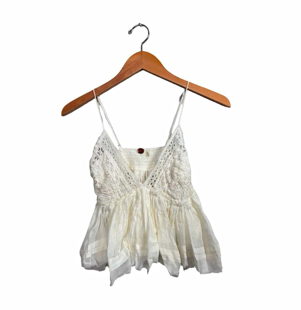 FP One White Lace V Neck Spaghetti Strap Camisole Tank Top Adjustable M